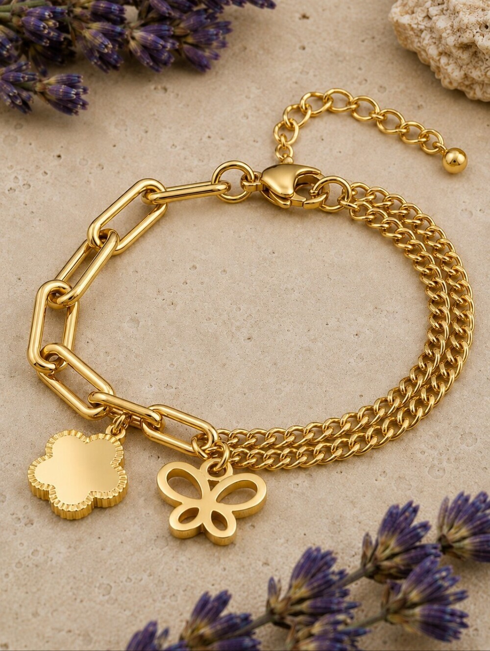 18K Gold Double Chain Butterfly Flower Charm Bracelet Coquette Old Money